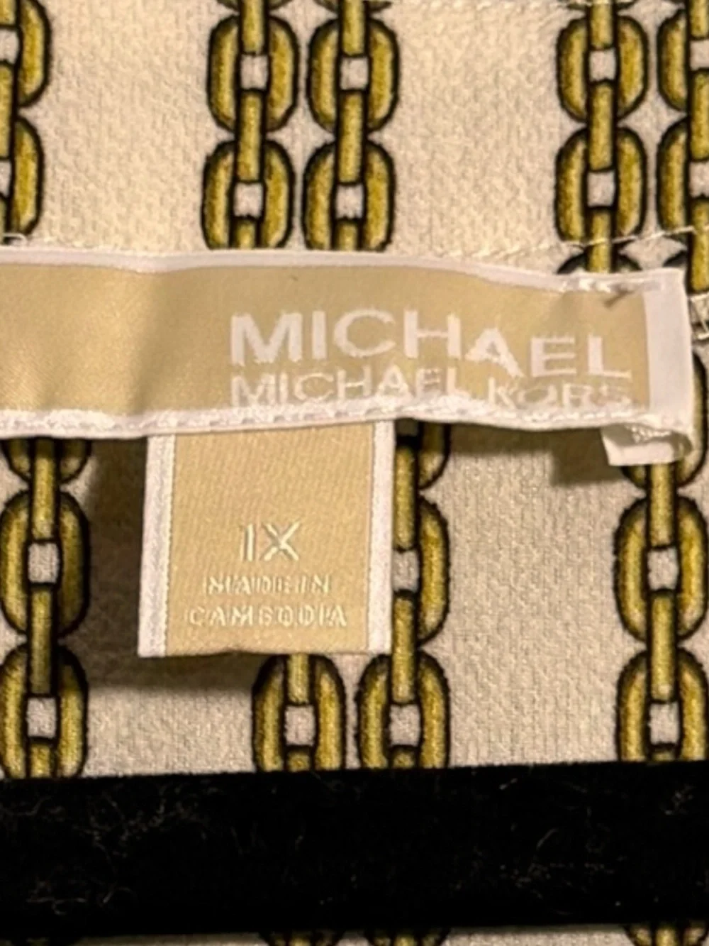 Michael Kors Chain Print Blouse 1X Gold Cream Tie Sleeve V Neck Top - Picture 8 of 9